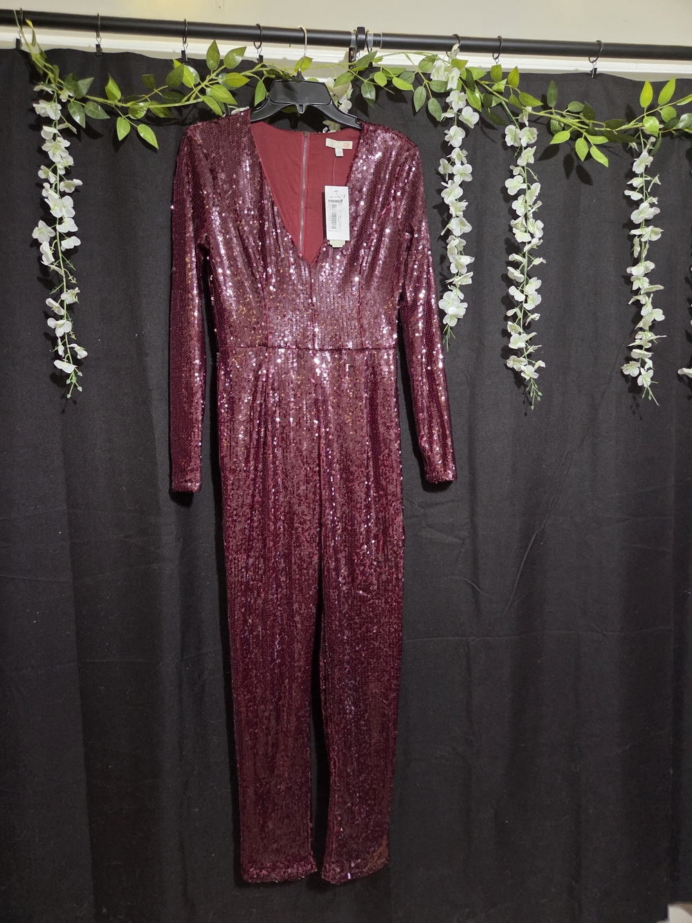 GB girls Sequined V-Neck Jumpsuit in Wine/Burgundy